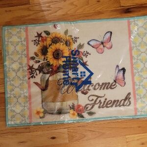 Welcome Friends Doormat - Cream and Brown And Blue And Yellow Flowers
